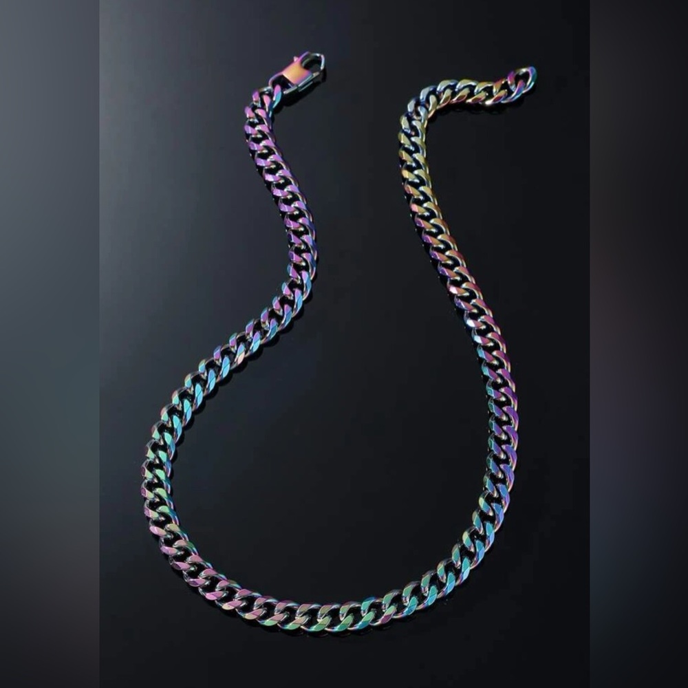 New Thick 9mm Oil Slick Holographic Stainless Steel Cuban Chain Link Necklace